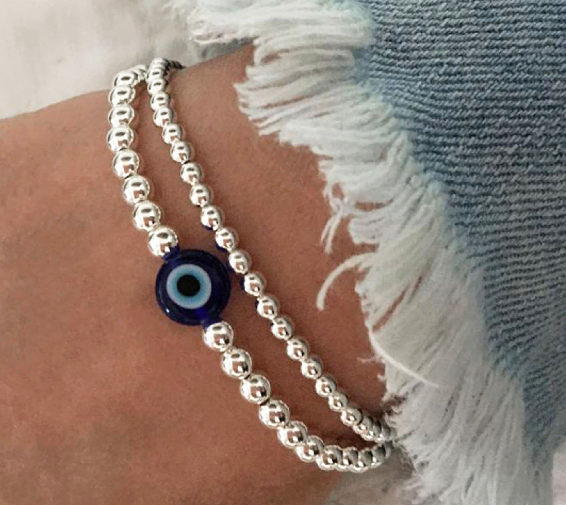 Spiritual Beads Evil Eye Bracelet in Sterling Silver, 4mm